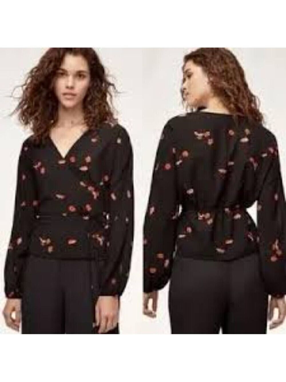 Wilfred Lilia Wrap Top Tie-Waist Black Floral Long Sleeves V-Neck Crepe Blouse S